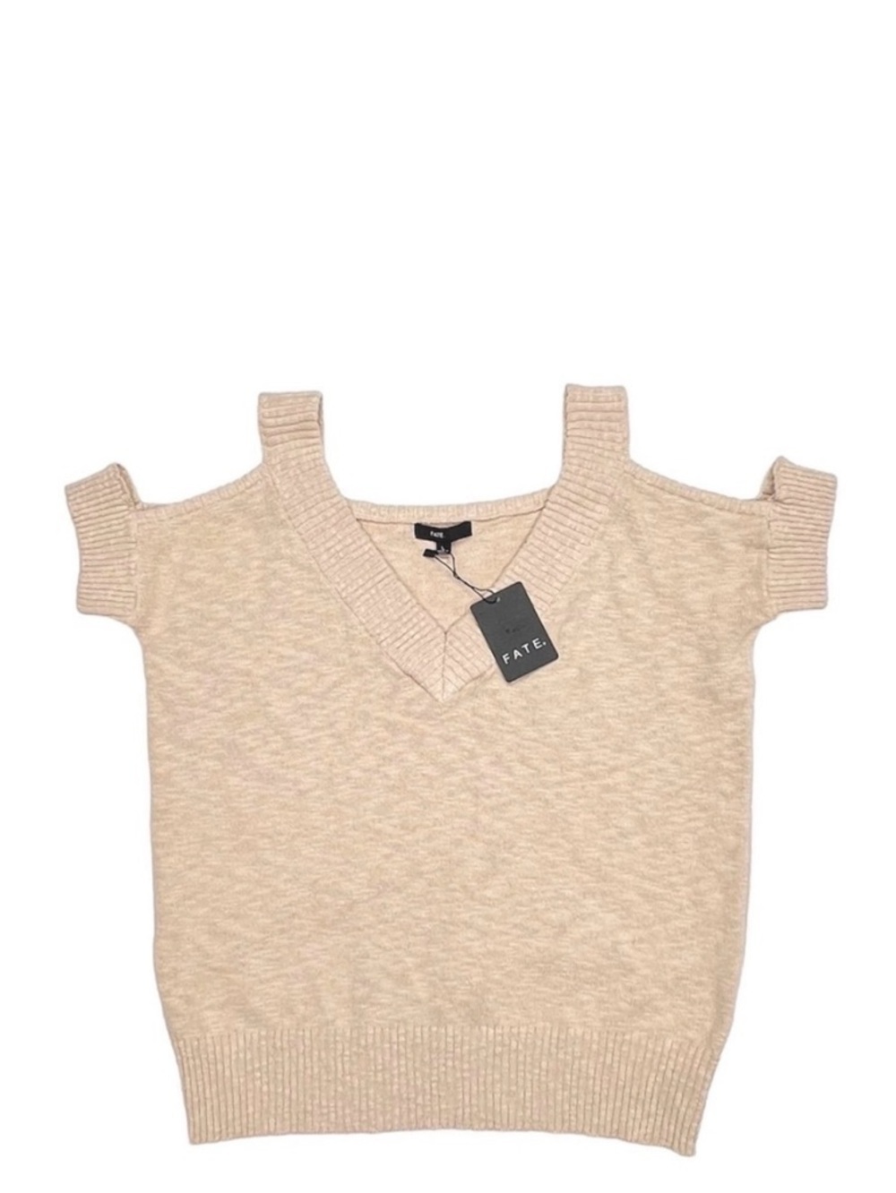 Fate Short Sleeved Cold Shoulder Cotton Sweater Women’s Size Large Ecru Tan NWT
